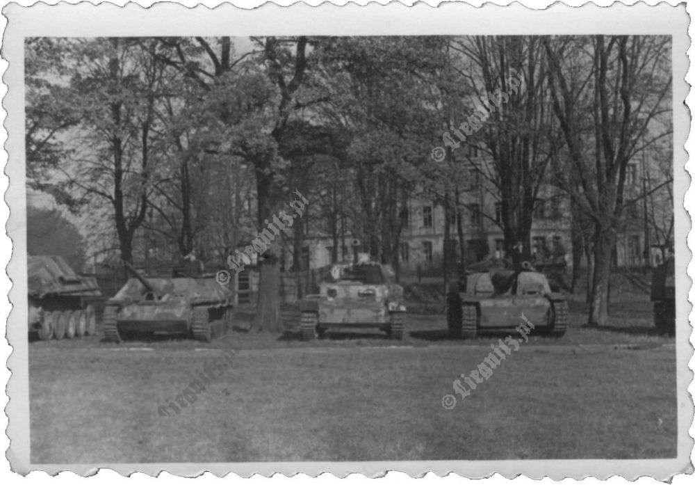 Zdobyczne niemieckie czołgi (Jagdpanther, Jagdpanzer IV, Panzer IV i Sturmgeschütz III) na terenie legnickiego parku. Fot. Muzeum Miedzi w Legnicy